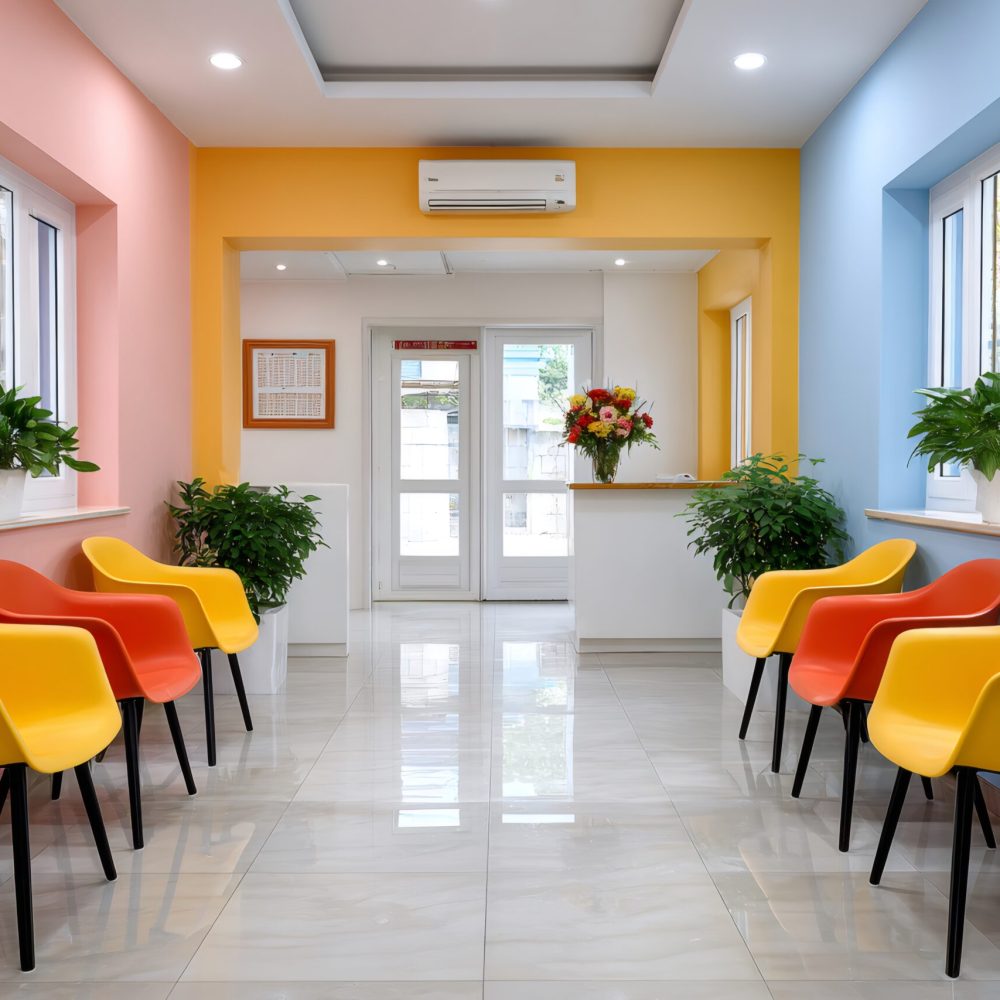 Colorful chairs lining a bright, clean waiting room with a reception desk and windows