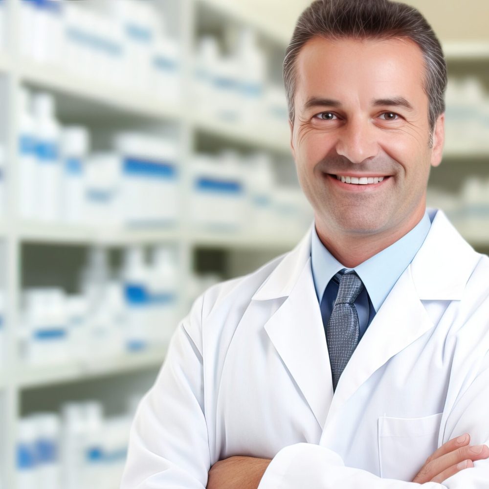 Portrait of a smiling male pharmacist standing with arms crossed in drugstore