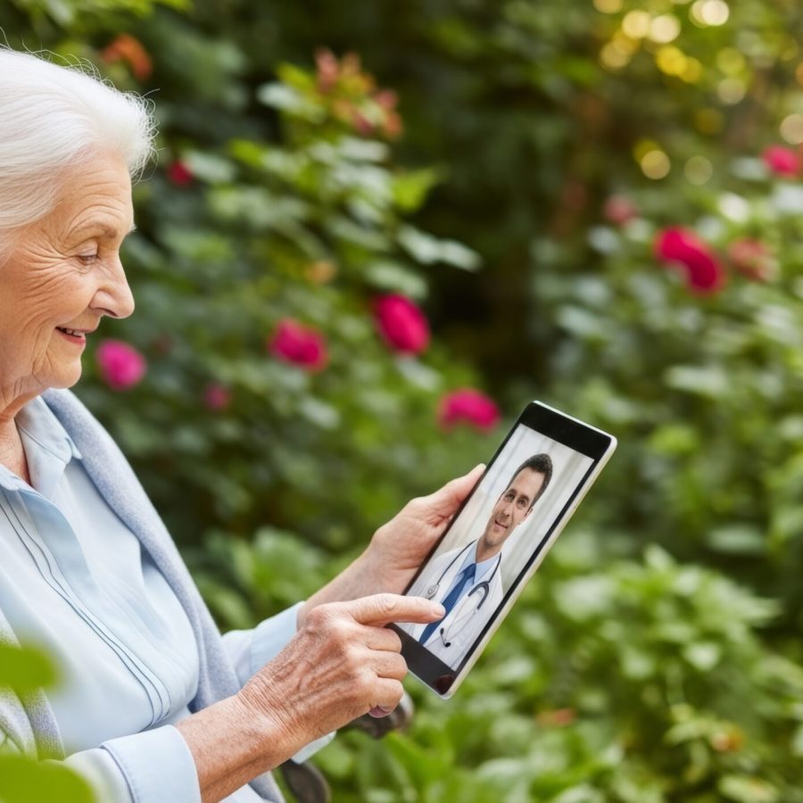 An elderly woman sits in a garden and uses a digital tablet for a video conference with her doctor. Telehealth and modern technology for seniors concept.
